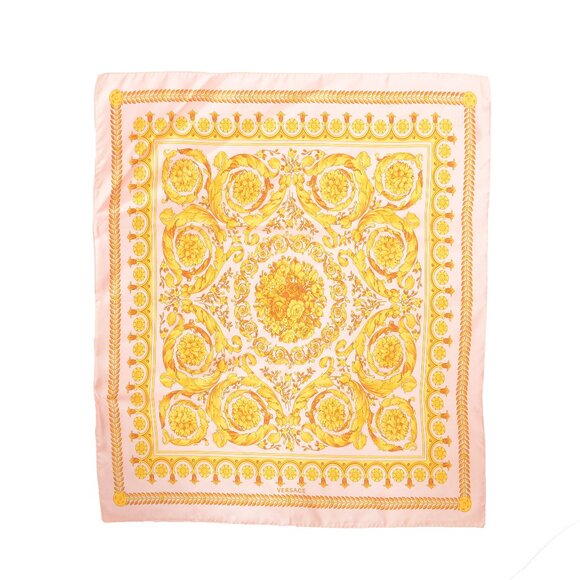 Versace Pink & Gold New Baroque Print 100% Silk Shawl Scarf